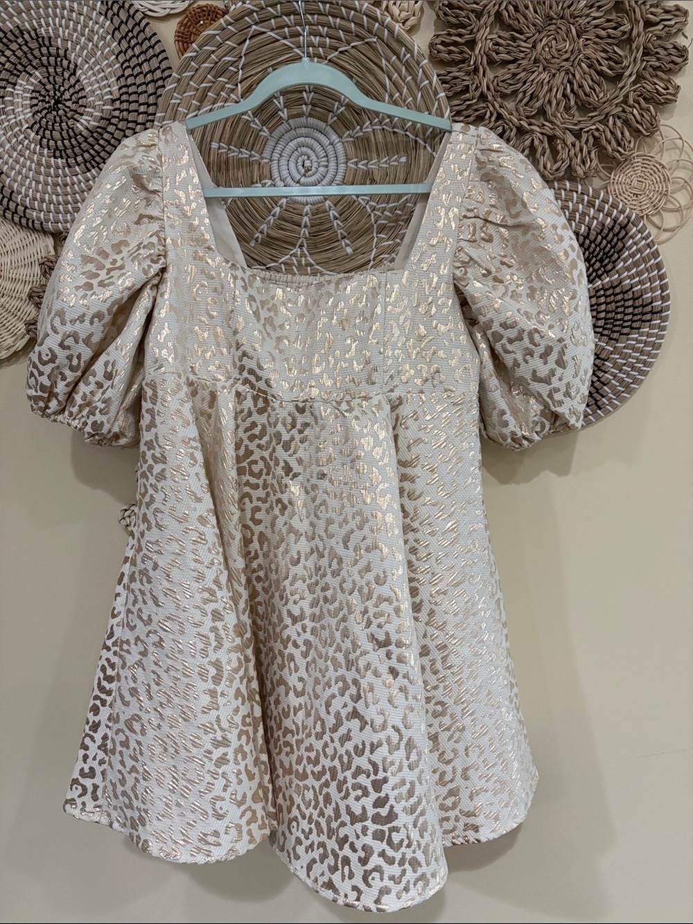 BuddyLove Lyla Dress. Cream and gold. Medium puff sleeves